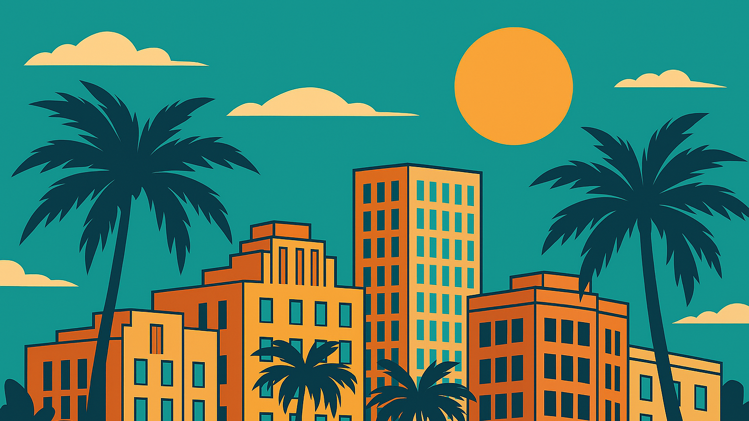 Stylized digital illustration of a colorful Miami cityscape featuring art deco buildings, palm trees, and a large sun in a teal sky, created in a bold, flat design style.
