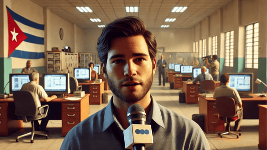 Reporter in independent Cuban media office discussing USAID funding cuts, with flag and workers behind.